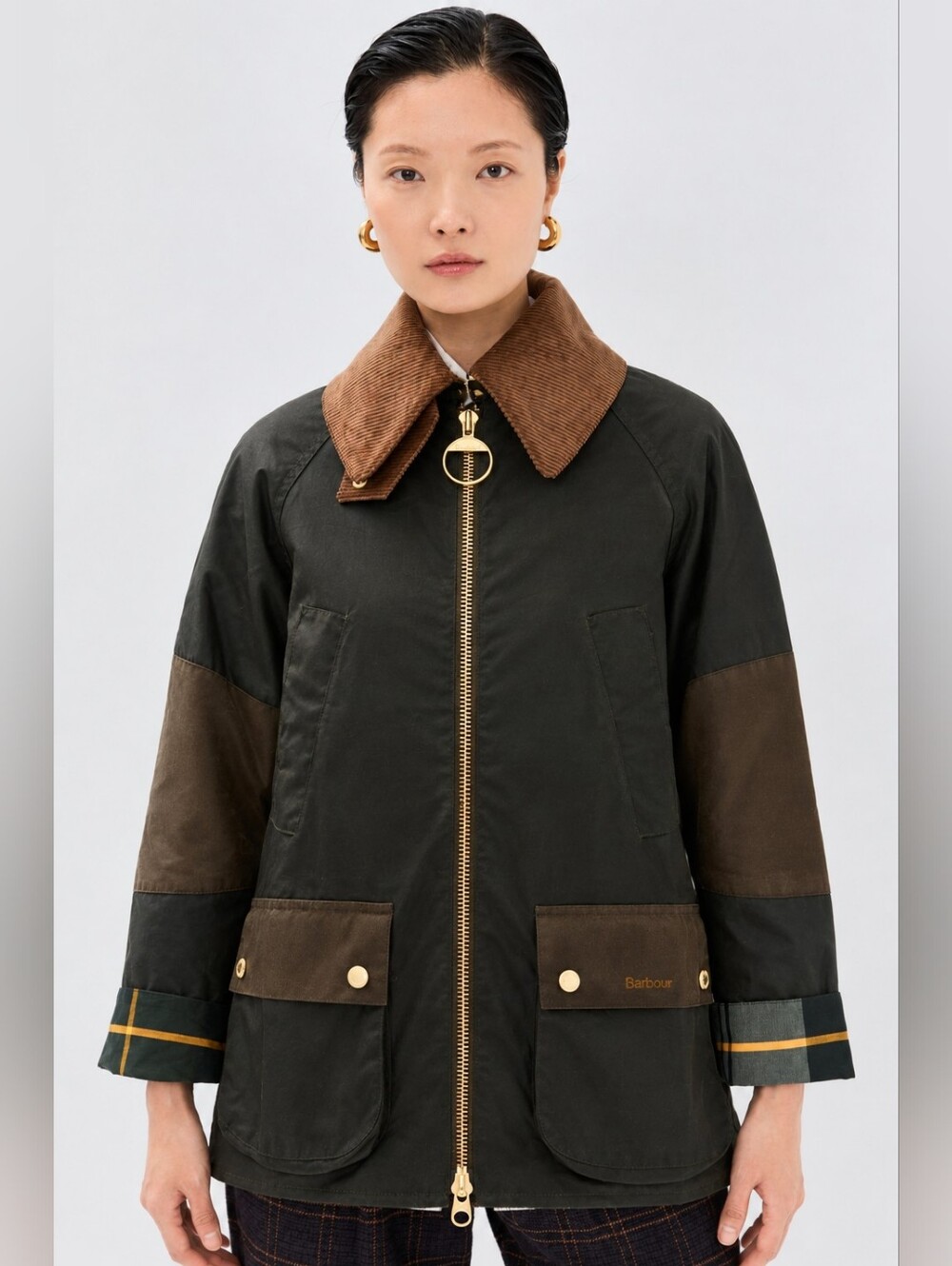 Barbour Allerston Waxed Cotton Barn Jacket Olive Colorblock Wide Corduroy Collar